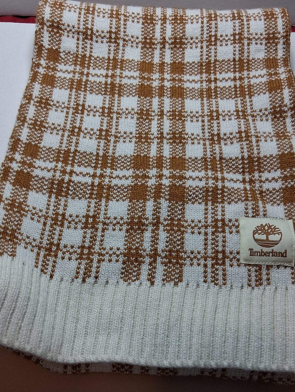Timberland Cream and Tan Plaid Knit Scarf